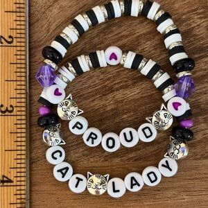 Handmade ‘Proud Cat Lady’ Bracelets For Layering (6 In. Wrist Size) Silver Black